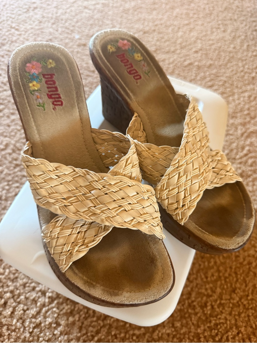 BONGO Braided Tan Wedge Slide Sandals